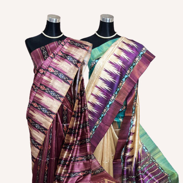 Tussar Silk Saree with Ikkat Print Pallu and Temple Border